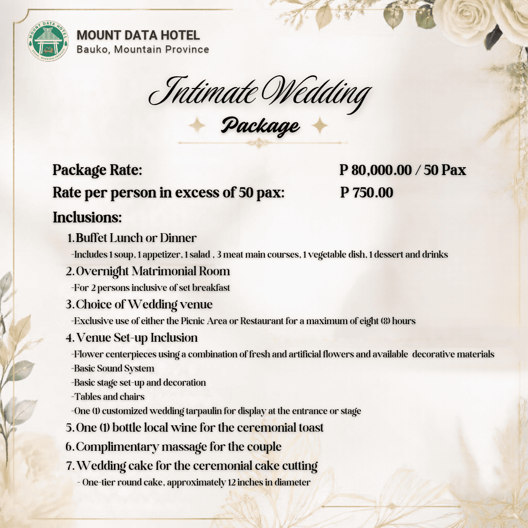 Mount Data Hotel intimate wedding package 1